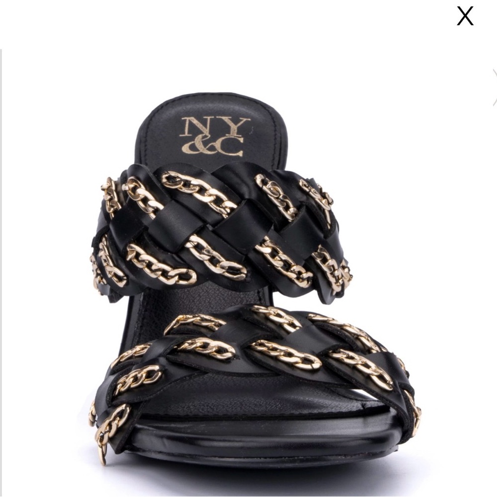 New York & Company Black Sandals with Gold Chain Detail